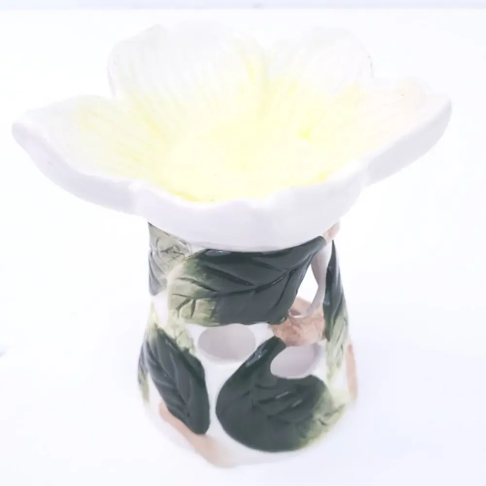 Tea Light Holder Floral, Leaf Design, Ceramic Woodland Yellow, Green